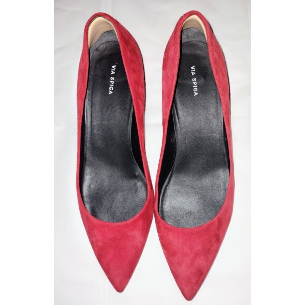 Via Spiga Suede Block Heel Pump Pointed Toe Shoe Red (Size 9.5 M / 39.5)